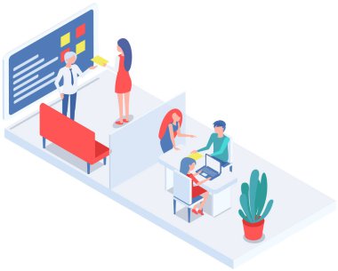 Ofis personeli, iş ve iletişim. Kafa ve astlar. Çeşitli işçiler, menajerler. Farklı seviyelerdeki üst düzey yöneticiler. Ofis çalışanları. İş arkadaşları. Meslektaşlar proje takım çalışmasını tartıştılar