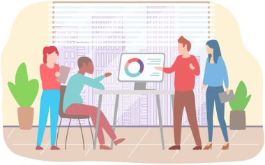 Müdür istatistiksel rapor analiz çizelgelerinin sunumunu yapıyor. Planlama işi. Proje yönetimi, mali raporlama ve strateji için takım çalışması danışmanlığı. Veri analizi araştırma istatistikleri