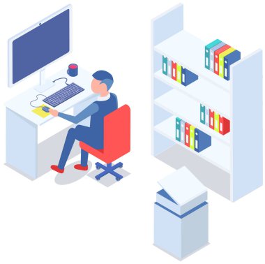 Office staff, manager work and communication. Office worker at the table. Business employees on their workspace. Co-worker. Businessman or a clerk working at his office workplace. Man surfing internet