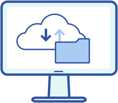 Bilgisayar ekranında sanal depolama simgesi. Bilgi ve kişisel veri koruma hizmetleri. Bilgi sistemi vektörünü geliştirmek. Dosyalar ve çevrimiçi veriler dijital depoya yükleniyor