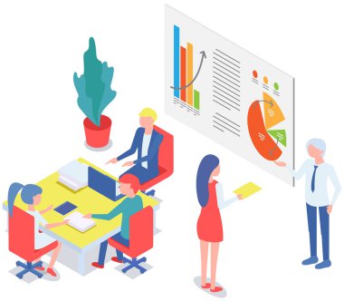 Ofiste iletişim kuran iş adamları istatistikleri tartışıyor, farklı grafik ve grafikleri analiz ediyorlar. Finansal muhasebe konsepti. Organizasyon süreci, analitik, planlama, rapor, pazar analizi