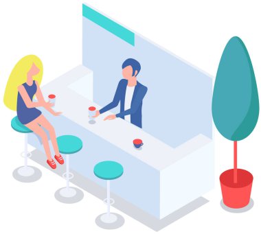 Kız barda içki ısmarlıyor. Barmen ziyaretçiler için kokteyl hazırlar. Barın yanındaki sandalyelerde alkollü içecekler. Atıştırmalık ve alkol satışı. Kafe veya gece kulübü için modern mobilyalar ve iç unsurlar