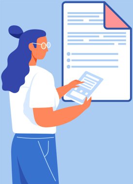 Belgeleri olan kadın muhasebe, veri analizi, denetim, proje yönetimi, araştırma konseptinde çalışıyor. Ofis kağıdı, dijital evrak ikonu. Kadın, istatistik ve veri analiz belgeleriyle çalışıyor