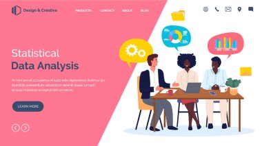 İstatistiksel veri analizi web sitesi şablonu. Grafikler ve çizelgeler üzerinde çalışan insanlar. İş süreci optimizasyonu, istatistiklerle çalışma. İş arkadaşları göstergeleri tartışıyor, analitik araştırmalar