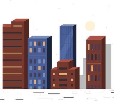 Uzun şehir binaları ve ufuktaki evler. Şehir manzarası izole edilmiş vektör. Büyük, yüksek binalar ve mavi gökdelenler. Pencereli konut evleri ile şehir manzarası. Kasaba mimarisi