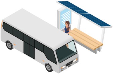 Çatıda güneş panelleri olan toplu taşıma durağı. Geleceğin teknolojileri, modern akıllı şehir konsepti. Yenilenebilir enerji kaynakları temiz çevre alternatif enerji altyapısı için yeşil enerji