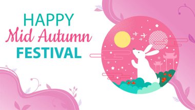 Sonbahar ortası festivali takvimi selamlama şablonu tasarladı. Çin usulü, ulusal sembollü kartpostal. Doğu bayramı için tebrik kartı. Sonbahar festivali temsili afişi