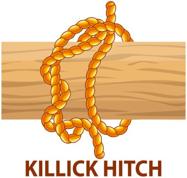 Sarı denizcilik halat düğümü, halat, kablo, bant ya da diğer esnek doğrusal malzemelerin birbirine bağlanması. Killick engeli beyaz arkaplanda izole edildi. Garip şekilli nesnelere ip bağlamak için kullanılan debriyaj düğümü