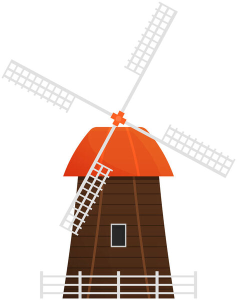 Flouring-mill изолирован на белом фоне. Завод по производству натуральной муки. Башня для уборки урожая, мельница, деревенская архитектура. сельское хозяйство, строительство