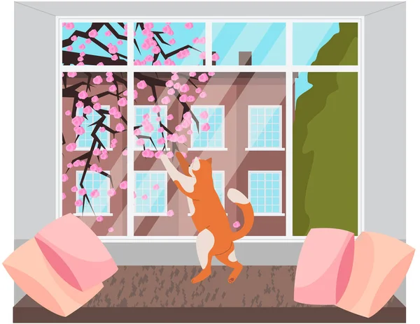 Pencereden Bak Pencere Kenti Manzarasına Bakan Kırmızı Kedi Nşaat Çiçek — Stok Vektör