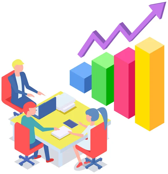 Empresários Que Comunicam Escritório Discutem Estatísticas Analisam Diferentes Gráficos Gráficos — Vetor de Stock