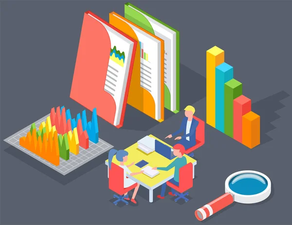 Business People Communicating Office Discuss Statistics Analyze Different Charts Graphs — Stock Vector