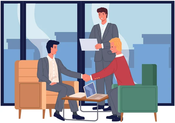 Business Partnership Cooperation Beginning Businessmen Shaking Hands Signing Contract Agreement — Stock Vector