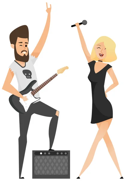 Music Band Playing Guitar Duet Singing Concept Man Playing Musical — Stock Vector
