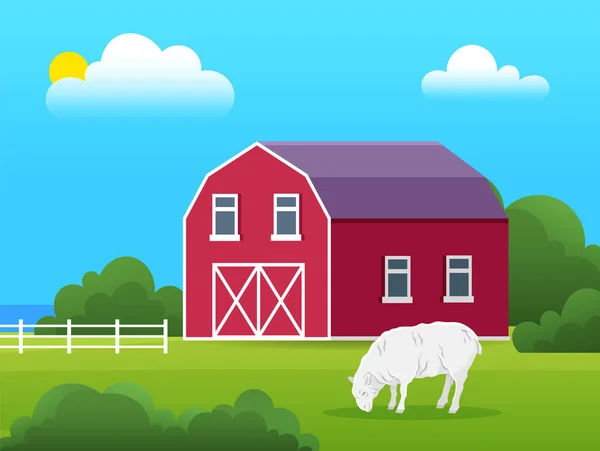 法迈德 生态农场与仙人掌动物 羊在草地上吃草 牧场和谷仓背景下的牲畜 有机耕作 传统农业概念 杂乱的农场景观 — 图库矢量图片