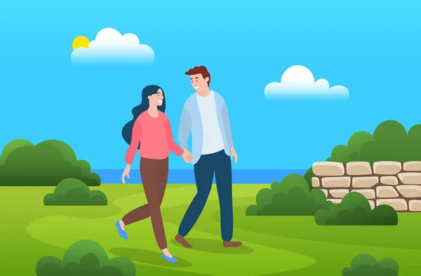 Couple Walking Forest Park Young Guy Girl Holding Hands Walking — Vector de stock