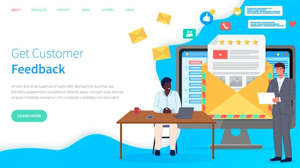 Holen Sie Sich Kundenfeedback Website Vorlage Landing Page Mit Umschlag — Stockvektor