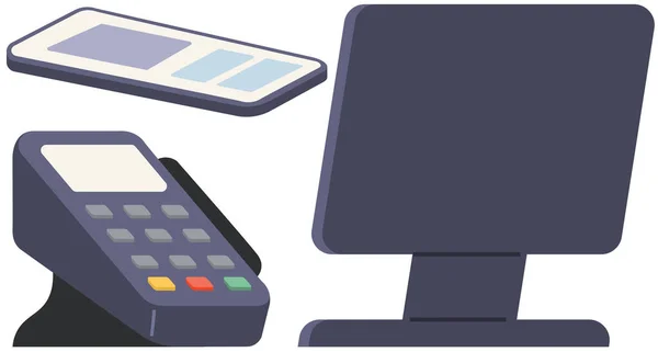 コンピュータのスマートフォンやPos端末を使ってクレジットカードで支払う 非接触型 非接触型 キャッシュレス決済 デジタルバンキングのコンセプト 電子機器による支払い 仮想通貨取引 — ストックベクタ