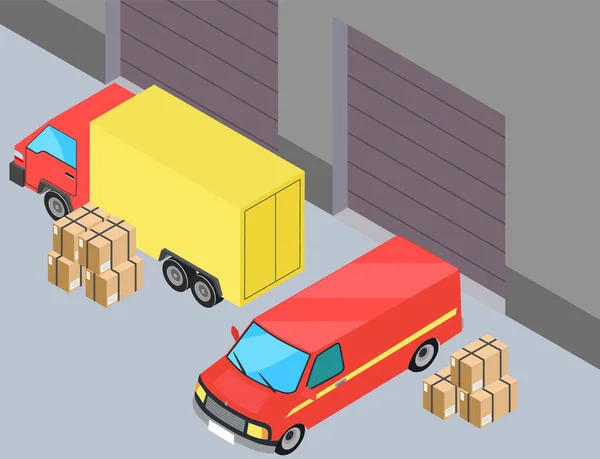 Cargo Camión Carga Paquete Cajas Entrega Furgoneta Vehículo Vector Ilustración — Vector de stock