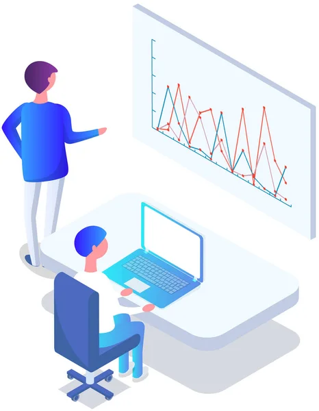 Business People Communicating Office Discuss Statistics Analyze Different Charts Graphs — Stock Vector