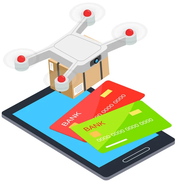 Płatności Usługi Dostawy Dostarcza Paczkę Pomocą Latającego Drona Aplikacja Mobilna — Wektor stockowy