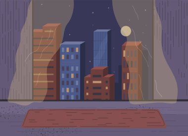 Gökdelenli gece şehri manzarası. Penceresinde evler ve binalar olan karanlık şehir manzarası. Gece manzaralı bir daire, modern şehir manzaralı. Geceyarısı şehrinin mimarisi ve manzarası
