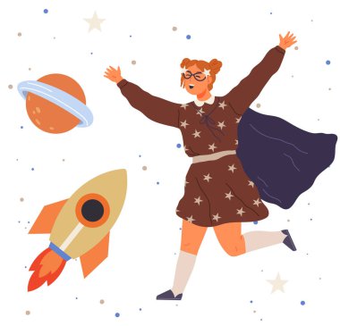 Astronaut woman with jet backpack. Lady dressed as astronaut at costume party. Outfit for holiday in cosmic style. Girl with self made jetpack flying to sky. Person in costume of space explorer