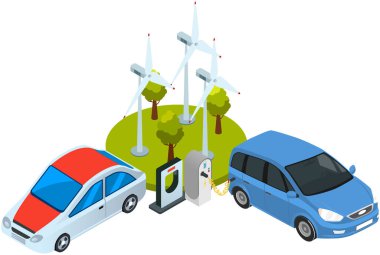 Modern elektrikli akıllı araba şarjı, şarj istasyonunda fişi kablolu otomobil parkı. Elektrikli gelecekteki ulaşım e-hareketi. Yenilenebilir enerji kullanan çevre dostu ulaşım