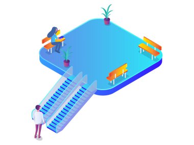 Yürüyen merdiven taşıyıcı illüstrasyonlu, merdivenli, otomatik merdivenli alışveriş merkezleri. Moda butiği, kafesi ve marketi olan modern çok katlı ticaret merkezi, dinlenmek için serbest bölge.