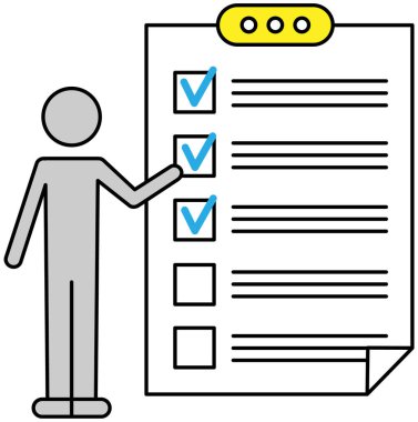 Adam liste yapmak için işaretli çalışma tablosu olan büyük bir kontrol listesi simgesinde duruyor. İş organizasyonu ve hedeflerin başarıları. Kontrol listesi, anket, yönetim ve görev planlama kavramı