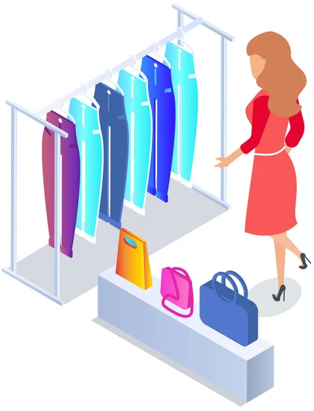 Choosing Clothes Store Shopping Concept Female Buyer Chooses Clothing Dressing — Image vectorielle