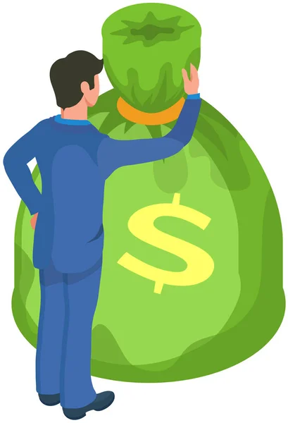 Επιχειρηματίας Χρηματοδότης Κάνει Χρήματα Στέκεται Δίπλα Μεγάλη Τσάντα Νόμισμα Κέρδη — Διανυσματικό Αρχείο