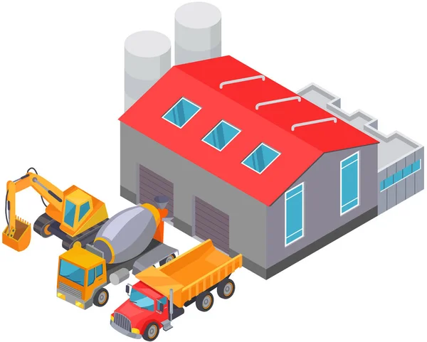 工業ビル倉庫格納庫工場の生産トラックや建設機器 コンクリートトラック掘削機のためのガレージ 道路の建設及び修理に使用される商業価格及び機械 — ストックベクタ