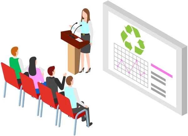 Ecologist Giving Presentation Conference Woman Stage Tribune Talking Audience Press — Stock Vector