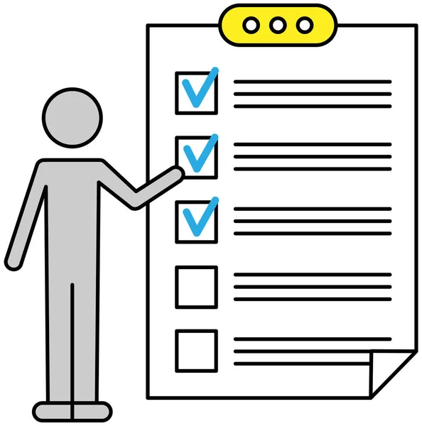 Man Stands Big Complete Checklist Icon Worksheet Tick Marks List — Stock Vector