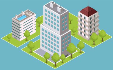 Ofis dairesi, ev bloğu, dış iş kasabası. Gökdelenler, binalar, modern binalar. Şehir tarzı tasarım elementleri. Gelecekçi mimari yapılar