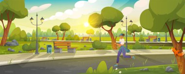 Kız şehir parkında koşuyor. Sabahları temiz havada koşan sporcu kadın. Spor aktivitesi ve sağlıklı yaşam tarzı konsepti. Kadın karakter dışarıda koşu yapıyor. Spor ve sabah egzersizleri yapan bir sporcu.