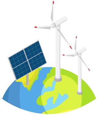 Rüzgar türbinleri elektrik santrali, güneş panelleri istasyonu, modern enerji tasarrufu inşaatı. Alternatif yenilenebilir rüzgar parkı enerji üretimi, yeşil enerji, geleceğin teknolojisi, yeşil elektrik