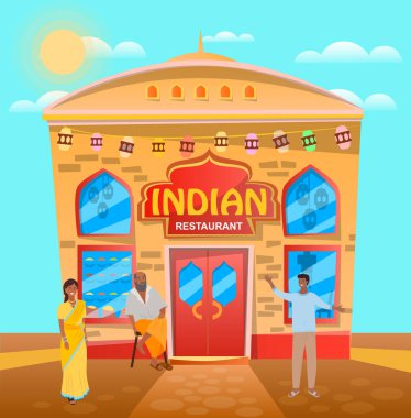 People meet and talk near entrance of an Indian restaurant that serves traditional indian cuisine, house, facade exterior. Cafeteria in India with asian food. Logotype of cafe on front of building