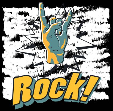 Rock partisi posteri. Rock müzik festivali ilanı. Rock and roll el işareti. Vintage stil vektör çizimi. Rock festivali konser grunge davetiye tasarımı. Amblemli müzik grafikleri