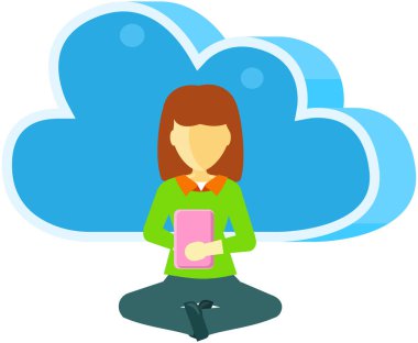 Veri depolama alanında Smartrphone ile çalışan bir kadın Sm yöneticisi. Uzaktan çalışma, programlama, online serbest çalışma. Kadın karakter ve dijital teknoloji, görevleri yerine getiriyor, fotoğrafları bulut deposuna kaydediyor