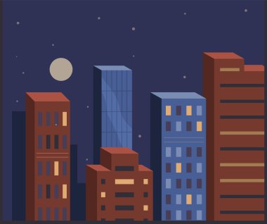Gökdelenleri olan bir gece şehri. Konut binaları ve evleri olan karanlık şehir manzarası. Gece manzarası, modern şehrin caddesi. Gece yarısı şehir vektör illüstrasyonunun mimarisi ve manzarası