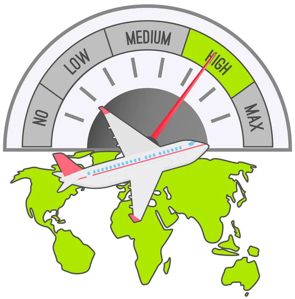 速度計と飛行機が空を飛んでいます 速度計と空の飛行機 矢印とセクターとタコメーター 大陸間の移動速度 航空機内のスケール測定器付き速度 — ストックベクタ