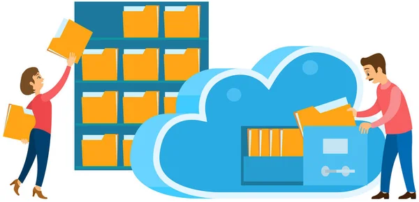 Cloud Storage Technology Concept People Stacking Folders Information Online Storage — Vector de stock