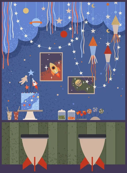 宇宙パーティーのためのデザートとケーキ付きのテーブル かわいい天体の形 内部の天体 ロケット 休日の装飾として星 宇宙スタイルの子供の誕生日のデザイン — ストックベクタ