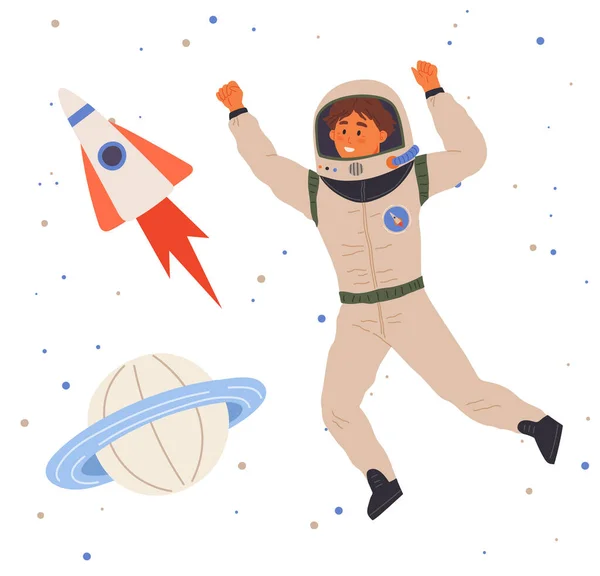 Astronaut Travels Intergalactic Space Man Spaceship Flies Solar System Fantastic — Vector de stoc