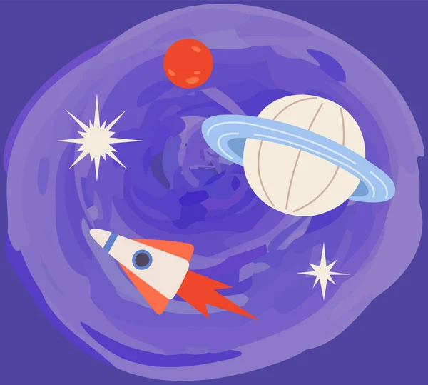 Rocket Planets Blue Background Spaceship Flying Celestial Objects Stars Cute — Archivo Imágenes Vectoriales