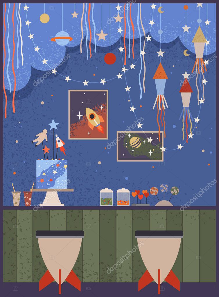 Table with desserts and cake for space party. Cute astronomical shapes, heavenly bodies in interior. Rockets, planets, stars as holiday decoration. Design of children birthday in space style