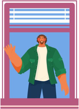 Genç mutlu adam el sallıyor. Gülümseyen ebeveyn ya da gülümseyerek el kol hareketi yapan arkadaşlar. Erkek karakterler. Farklı milletler. Pencere deliğinde bekleyen insanlar.