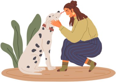 Dişi hayvan sahibi köpekle oynuyor. Dört ayaklı bir arkadaşa değer veriyorsun. Köpekli mutlu bayan, evcil hayvan dille yüzünü yalıyor, insan yoldaşı. Köpek emirlere uyar, kadına pençe atar. Köpek eğiten kız.